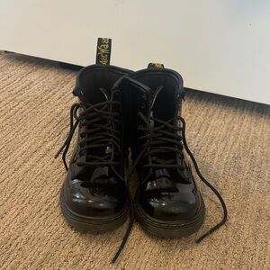 Dr. Martens Black Patent Lace-Up Boots with Yellow Heel Loop